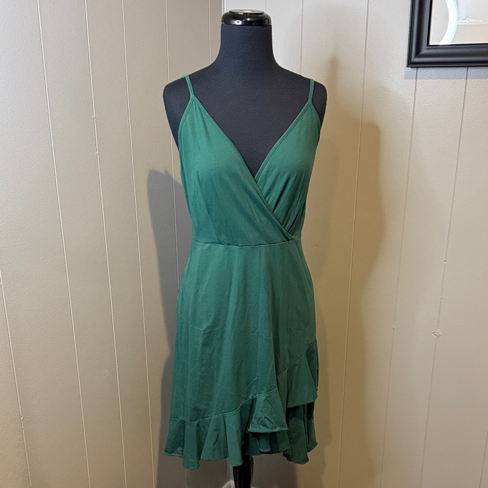 B15 Women’s Medium Elegant Green Wrap Midi Strap Asymmetrical Dress